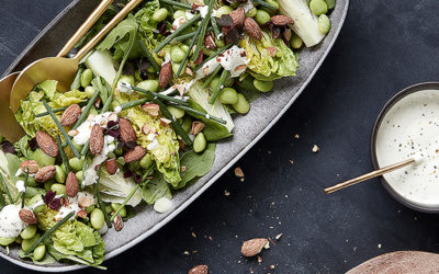 Green mini romaine with basil dressing and smoked almonds