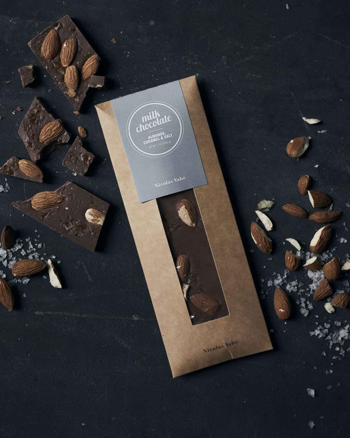 Milk Chocolate, Caramel, Salt & Almonds, 50 g Milk Chocolate, Caramel, Salt & Almonds, 50 g.