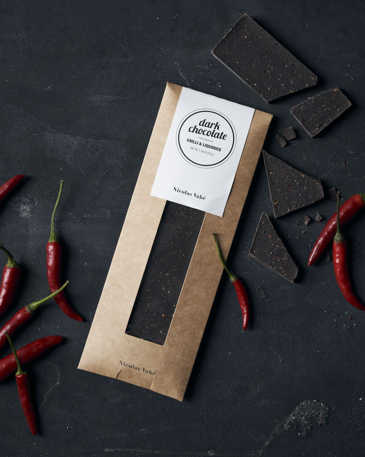 Dark Chocolate, Licorice & Chili, 50 g Dark Chocolate, Licorice & Chili, 50 g.